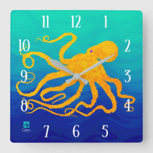 Octopus 6 Yellow On Blue Green - Square Wall Clock