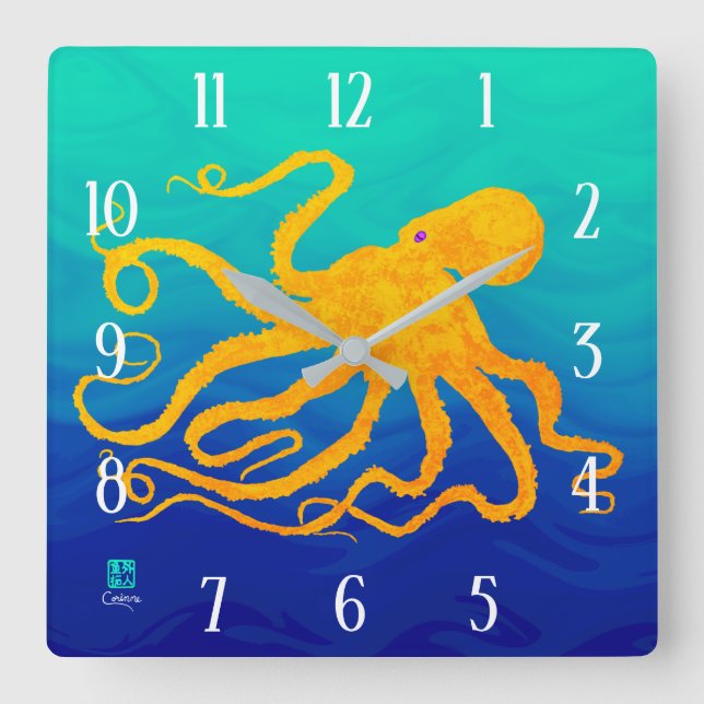 Octopus 6 Yellow On Blue Green - Square Wall Clock (Front)