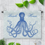 Octopus Anchors Vintage Blue Personalised Beach Tea Towel<br><div class="desc">This beautiful antique octopus drawing* from the 19th Century has been recolored blue and placed on a pretty grey-blue distressed / grunge background with a faint anchor pattern. The result is an original collage design to match your nautical and beach theme decor. The Victorian octopus has plenty of waving tentacles....</div>