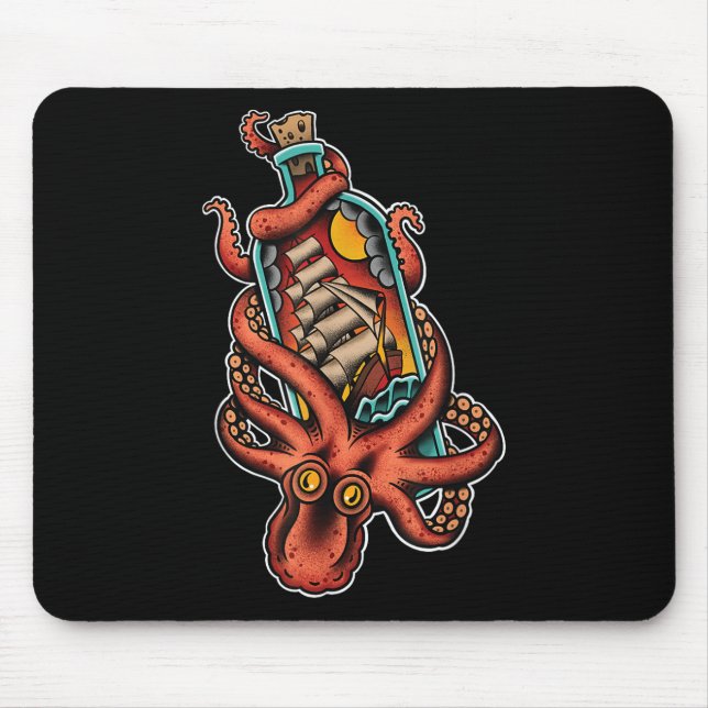 Octopus And Clipper Ship In Bottle, Old School Sai Mouse Pad (Front)