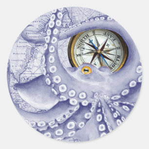 Octopus And Compass Purple Classic Round Sticker