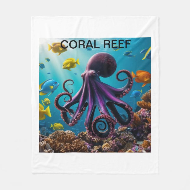  Octopus and Coral Reef Harmony" Fleece Blanket (Front)