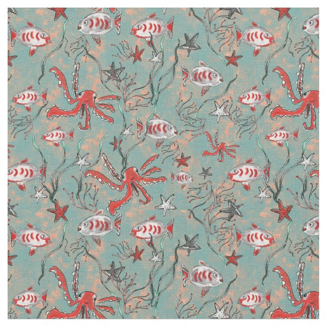 Octopus and Fish Fabric in Coral and Blue (Close Up)