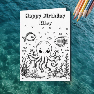 Octopus and Fish | Kid's Birthday Colouring Page Card
