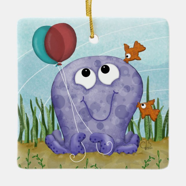 Octopus and Fishy Kisses Ceramic Ornament (Front)