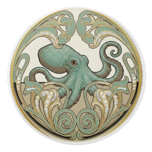 Octopus Aqua Green Cream & Gold Art Deco Nouveau Ceramic Knob