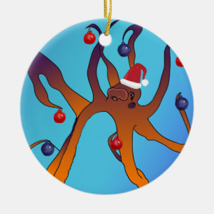 Octopus Art Merry Christmas Ceramic Tree Decoration