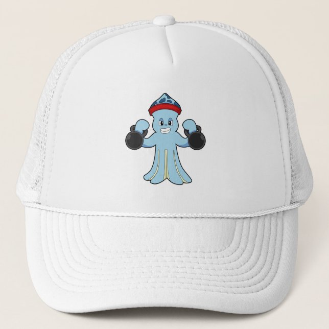 Octopus as Bodybuilder with Dumbbells Trucker Hat (Front)