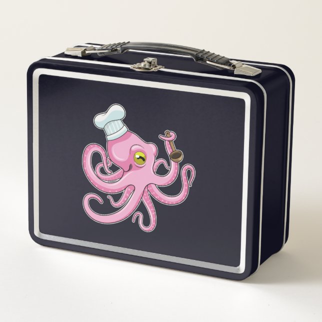 Octopus as Cook with Wooden spoon Metal Lunch Box (Front)