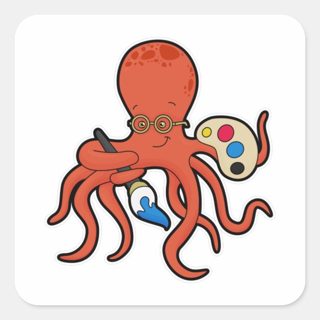 Octopus as Painter with Paint & Brush Square Sticker (Front)