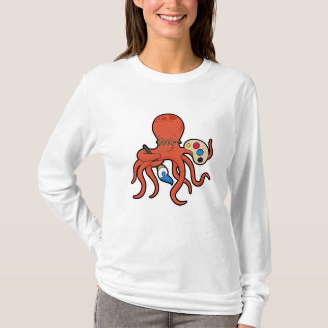 Octopus as Painter with Paint & Brush T-Shirt (Front)