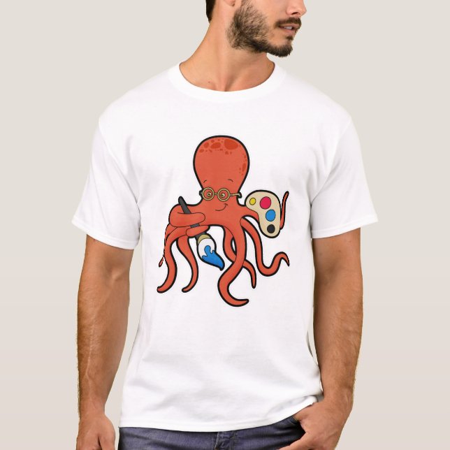 Octopus as Painter with Paint & Brush T-Shirt (Front)
