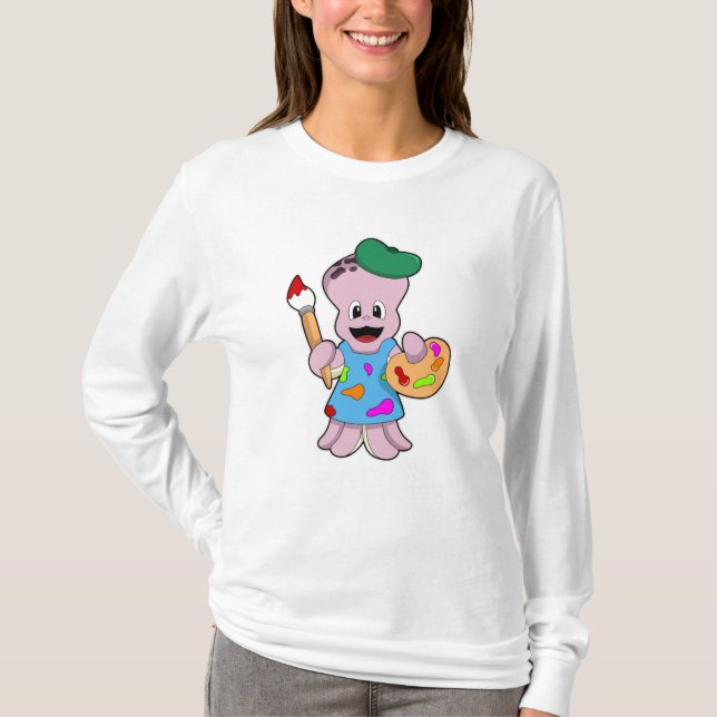 Octopus as Painter with Paint brush T-Shirt (Front)