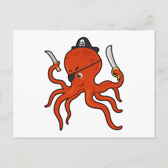 Octopus as Pirate with Sword & Knife Postcard (Front)