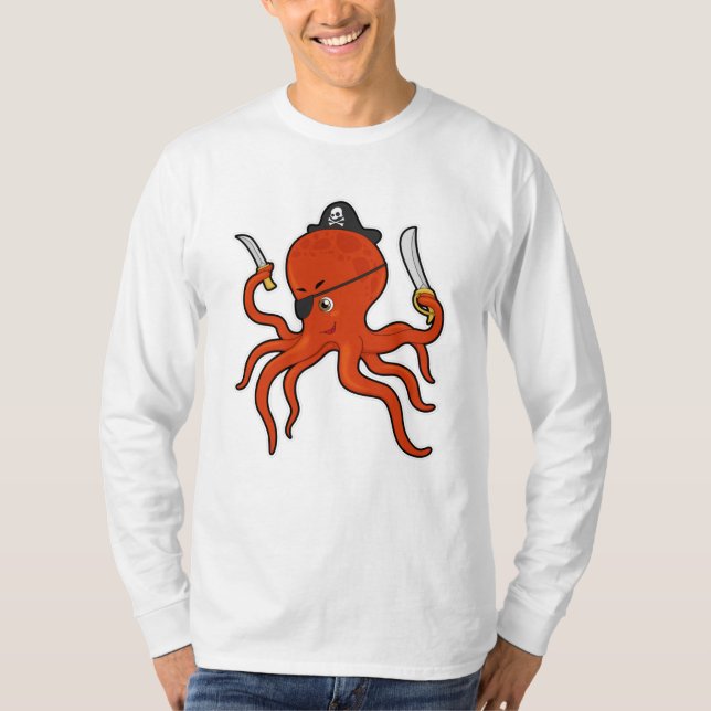 Octopus as Pirate with Sword & Knife T-Shirt (Front)