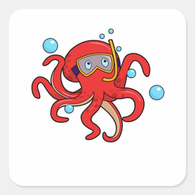 Octopus at Diving with Swimming goggles Square Sticker (Front)