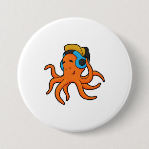 Octopus at Music with Headphone 7.5 Cm Round Badge