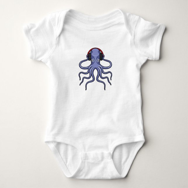 Octopus at Music with Headphone Baby Bodysuit (Front)