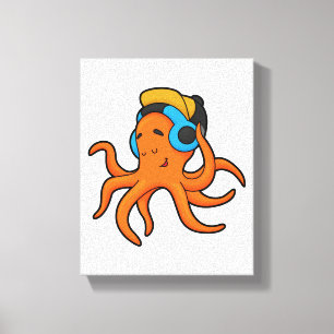 Octopus at Music with Headphone Canvas Print