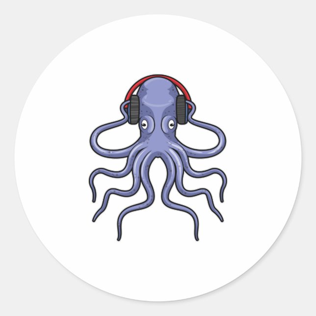 Octopus at Music with Headphone Classic Round Sticker (Front)