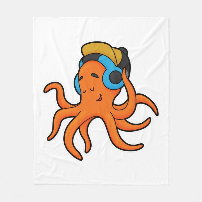 Octopus at Music with Headphone Fleece Blanket (Front)