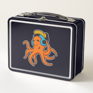 Octopus at Music with Headphone Metal Lunch Box