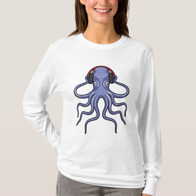 Octopus at Music with Headphone T-Shirt (Front)