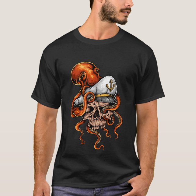 Octopus Attack Captains Skull Nautical T-Shirt (Front)