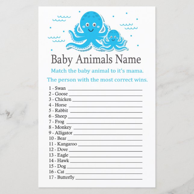 Octopus Baby Animals Name Game (Front)