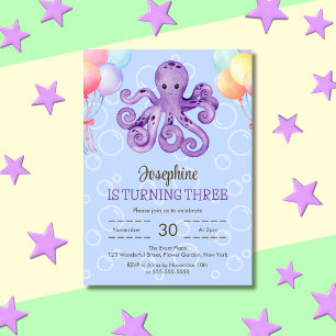 Octopus Balloon Bubble Blue Kids Birthday Invitation