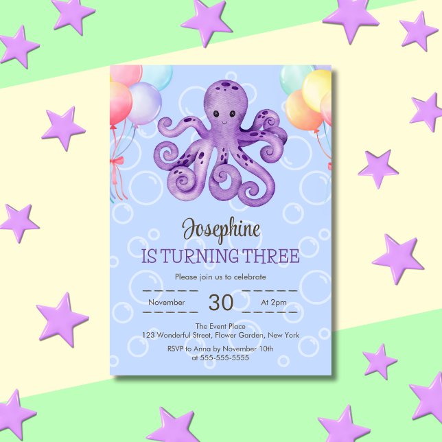 Octopus Balloon Bubble Blue Kids Birthday Invitation (Creator Uploaded)