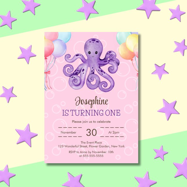 Octopus Balloon Bubble Pink Kids Birthday Invitation (Creator Uploaded)