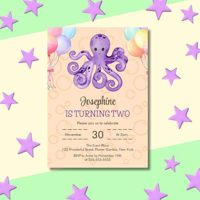 Octopus Balloon Peach Bubble Kids Birthday Invitation (Creator Uploaded)