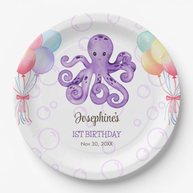 Octopus Balloon Purple Bubble Kids Birthday Paper Plate (Front)