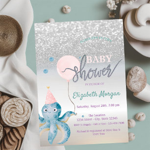 Octopus Balloon Silver Bokeh Baby Shower Invitation