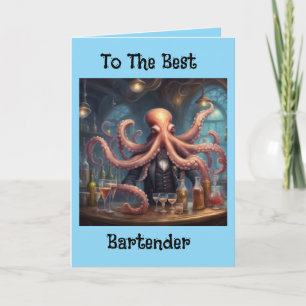 Octopus bartender multitasking mixologist birthday card
