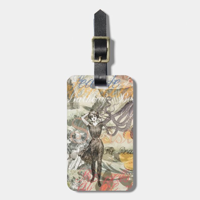 Octopus Beach Antique Coastal Steampunk Luggage Tag (Front Vertical)