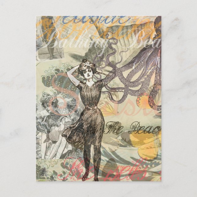 Octopus Beach Antique Coastal Steampunk Postcard (Front)