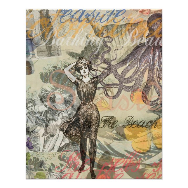 Octopus Beach Antique Coastal Steampunk Poster (Front)