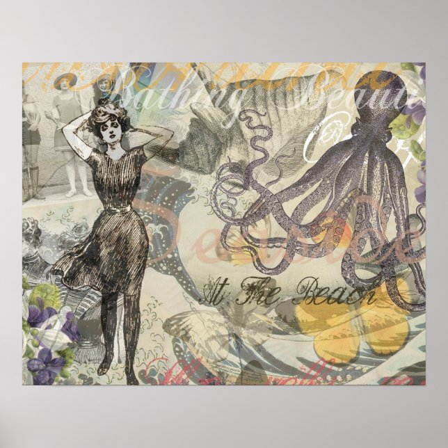 Octopus Beach Antique Coastal Steampunk Poster (Front)