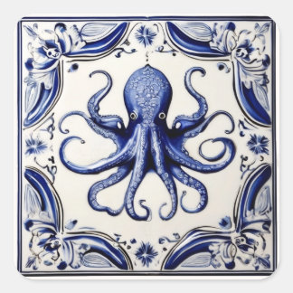 Octopus Blue and White Sea Ocean theme Square Sticker