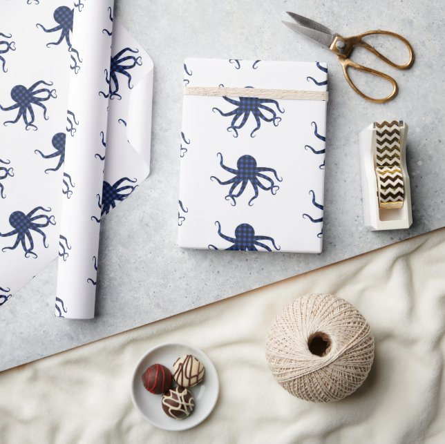 Octopus Blue Black Buffalo Plaid Holiday Wrapping Paper (Crafts)