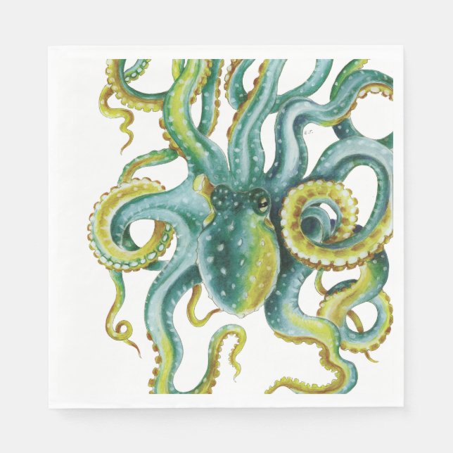 Octopus Blue  Watercolor Art Napkin (Front)