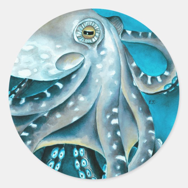 Octopus Blue Watercolor Detail Classic Round Sticker (Front)
