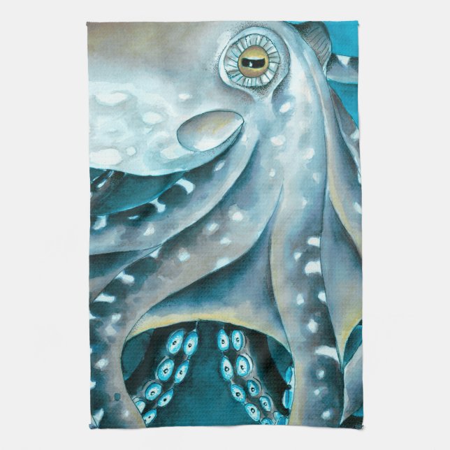 Octopus Blue Watercolor Detail Tea Towel (Vertical)