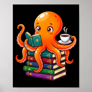 Octopus book reading coffee lover ocean funny  poster