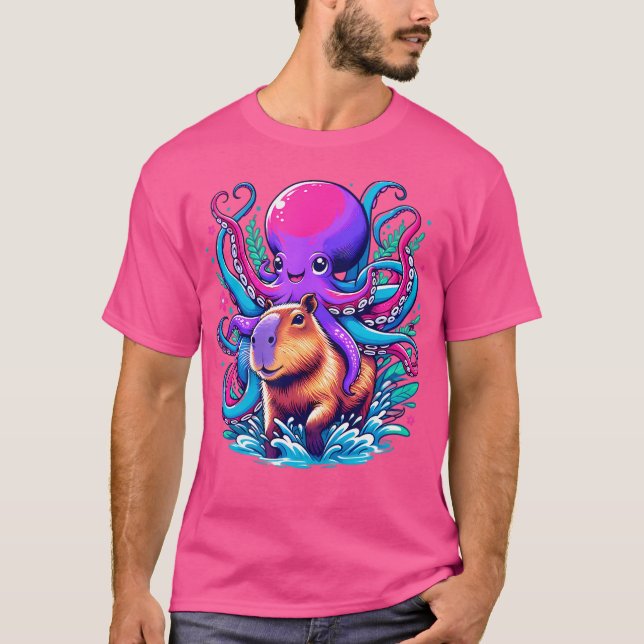 Octopus Capybara Lover Funny Octopus Riding Capyba T-Shirt (Front)
