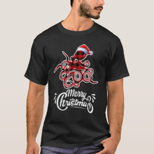 Octopus Christmas Buffalo Red Plaid Santa Hat Octo T-Shirt