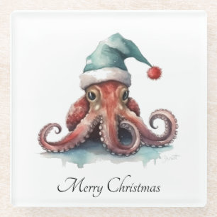 Octopus Christmas Joy, custom Glass Coaster