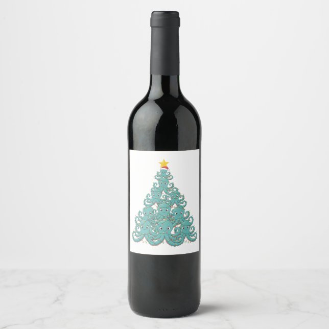 Octopus Christmas Tree Santa Hat Christmas Lights  Wine Label (Front)